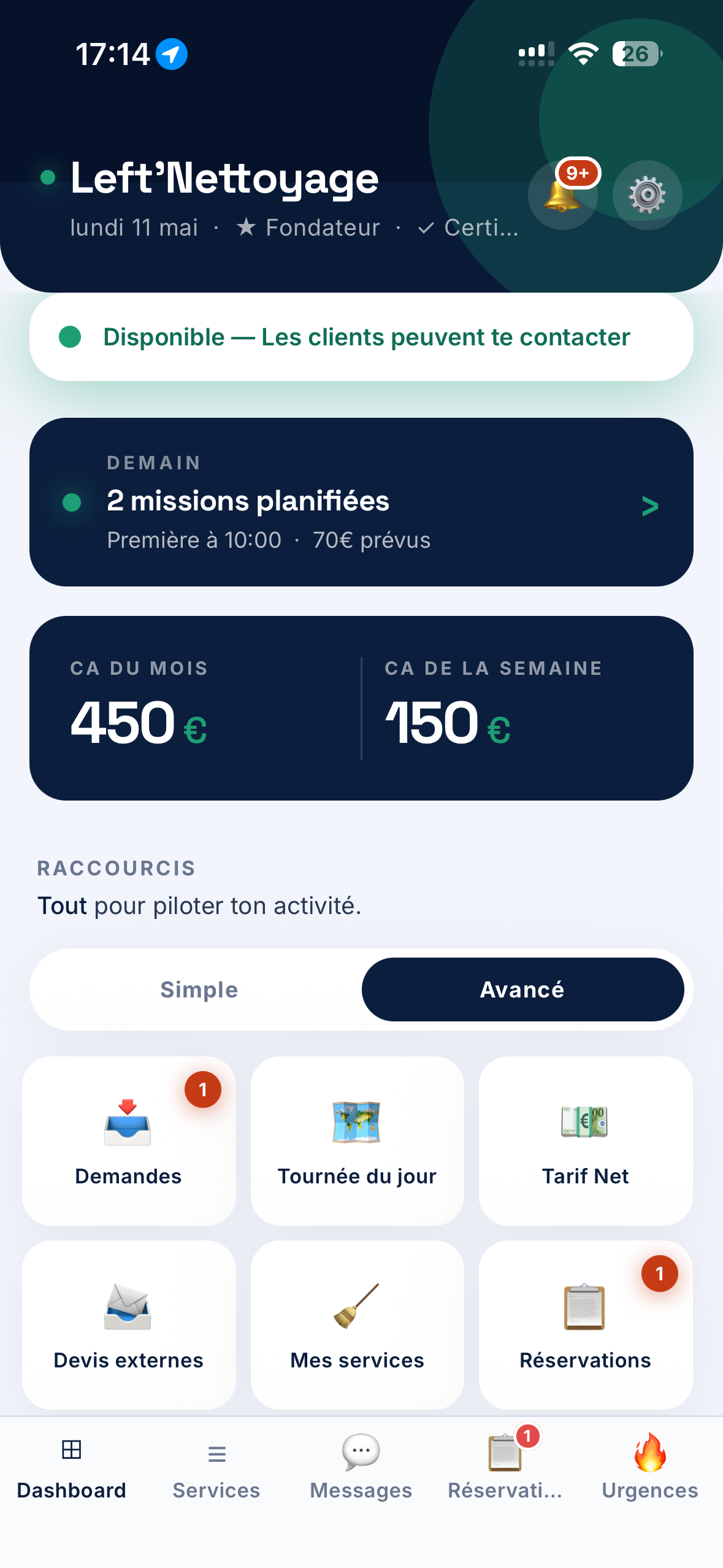Dashboard MCH : CA du mois, missions du jour, raccourcis