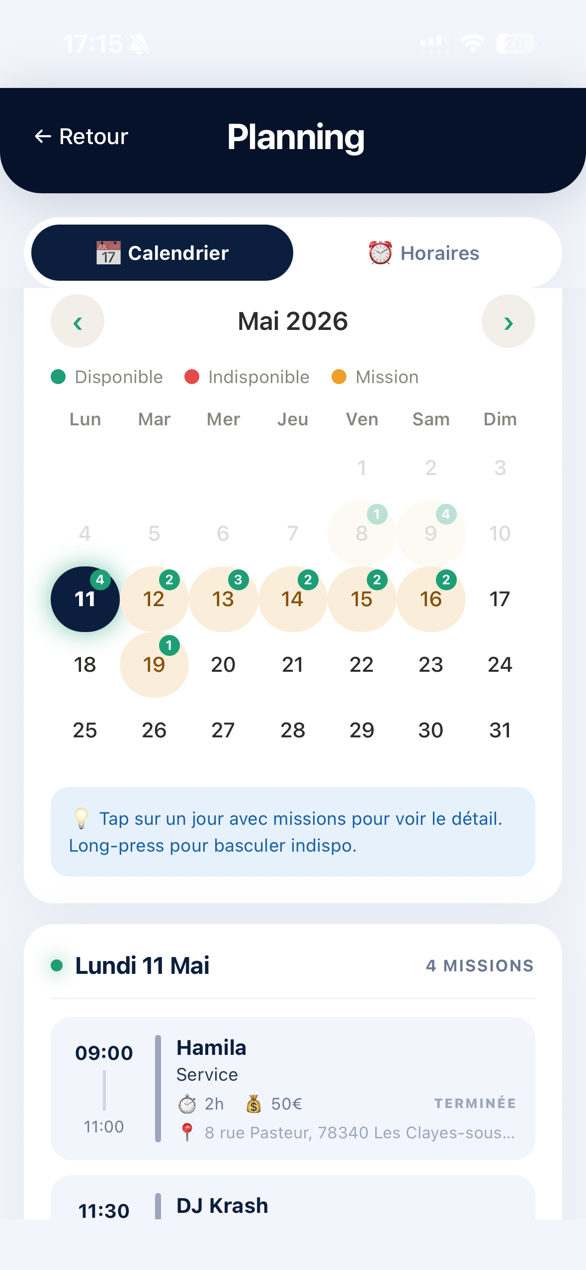 Planning MCH : calendrier mensuel des missions du pro