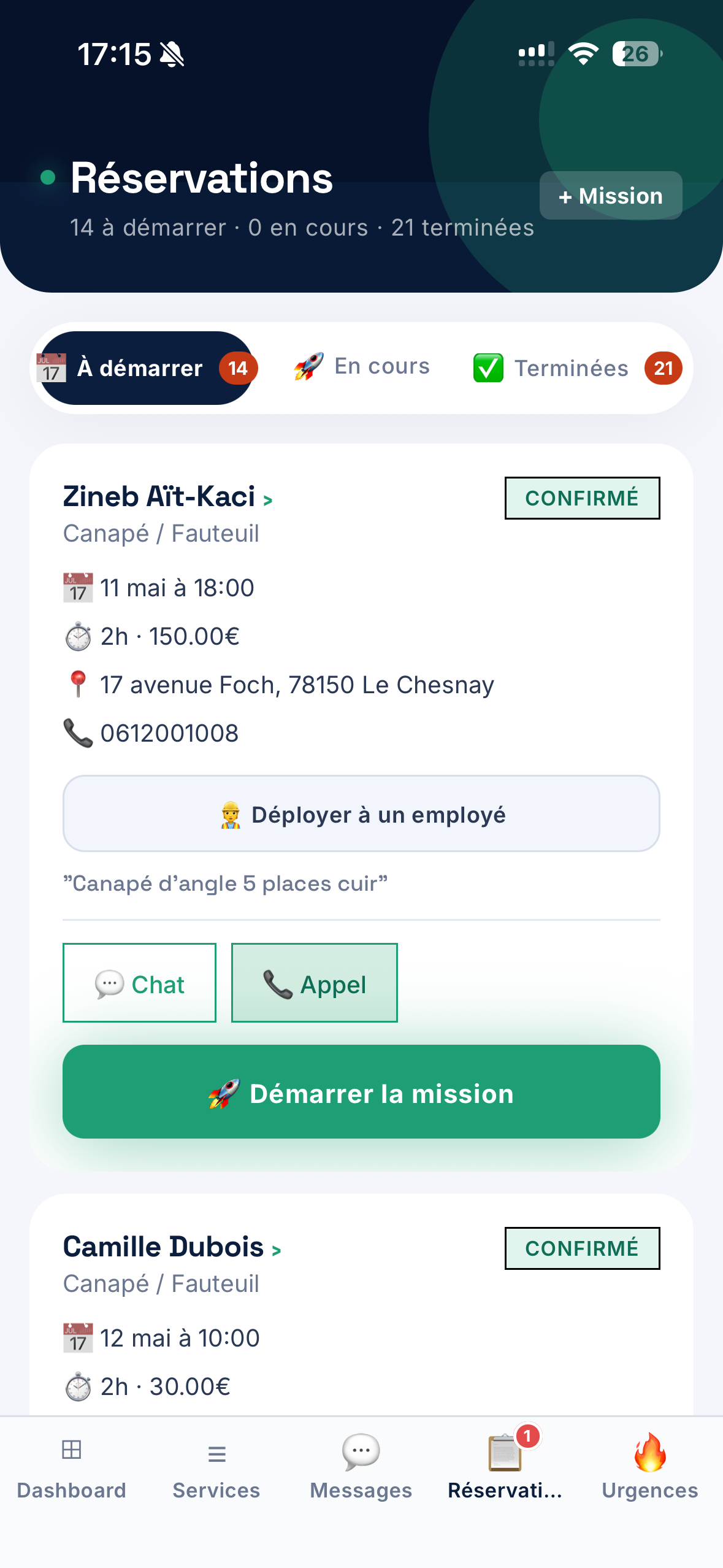 Réservations MCH : missions confirmées, démarrer mission